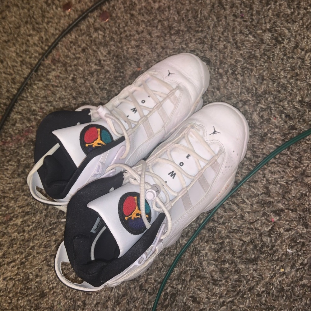 White Jordan6 ringw/ red yellow green paint drops